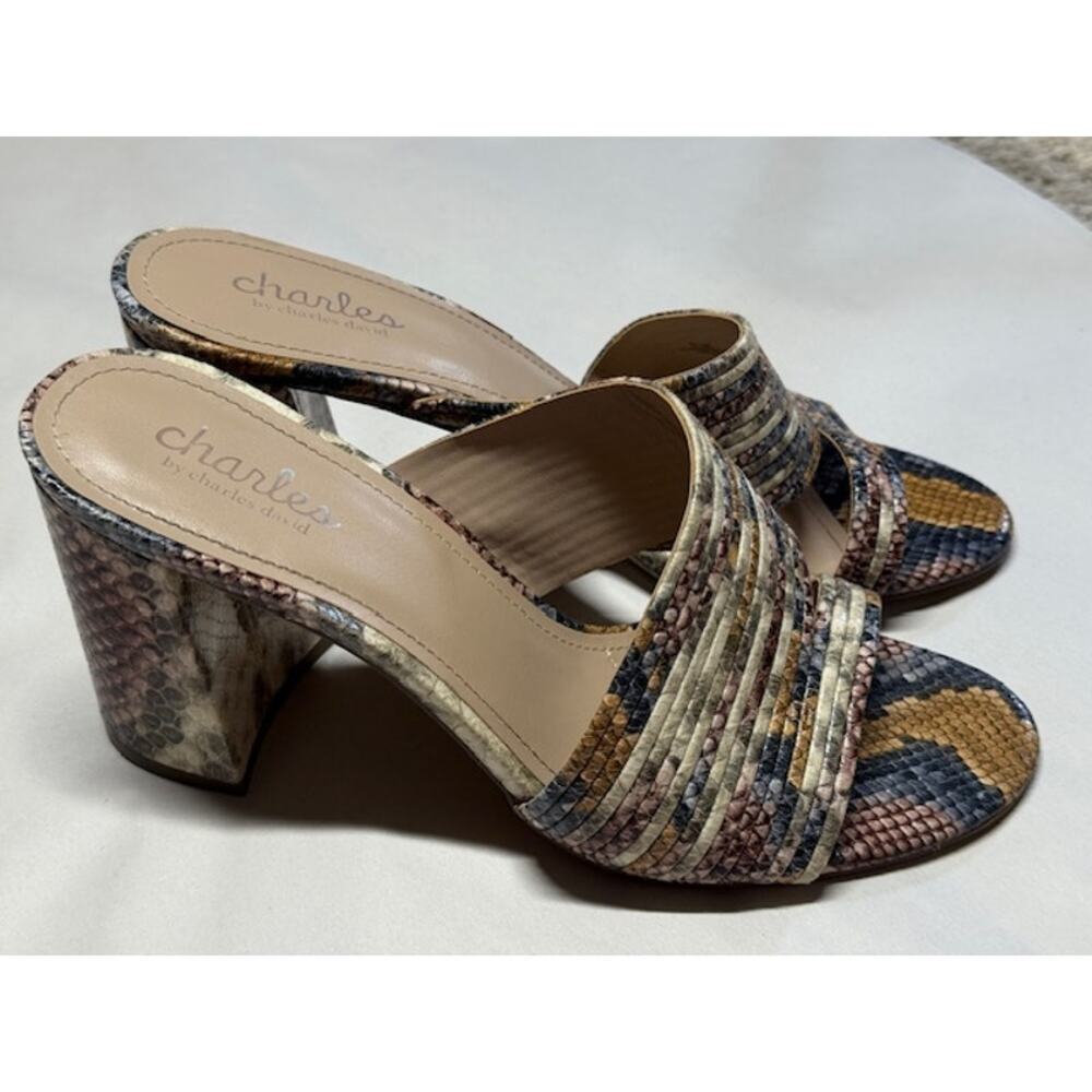 Charles David Snakeskin Block Heel Mules Size 9M Multicolor Textured Sandals